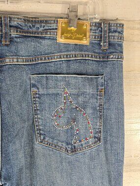 Baby Phat Women’s Size 20 Cat Logo Rhinestone Pocket Blue Denim Flare Jeans Y2K.